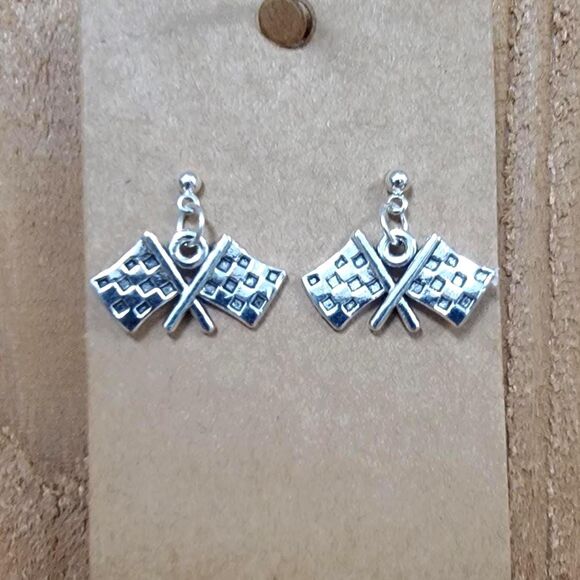 Crossed Checkered Flag Earrings PIERCED 1"  Race Fans Race Day Racing - Picture 1 of 2